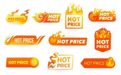 Wall Mural - Hot price offer labels, promotion deal emblems with fire flames. Isolated vector badges, tags or icons with burning blaze tongues. Special offer promo for discounted items, retail or clearance sales