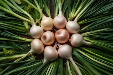 Wall Mural - Display Realistic bunch of shallots top view, fresh vegetable scenery photo