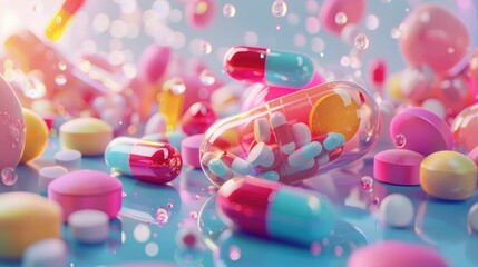3D cartoon showcasing various antacid medications in action, animated in a playful, educational style