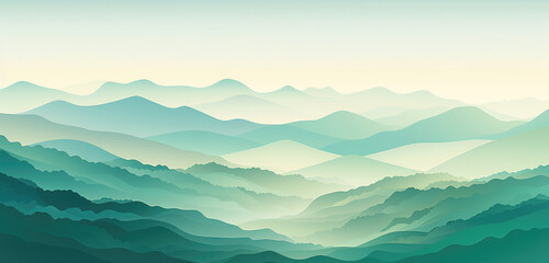 Watercolours andscape with green color silhouettes of mountains, hills and forest and clouds in the sky - vector illustration