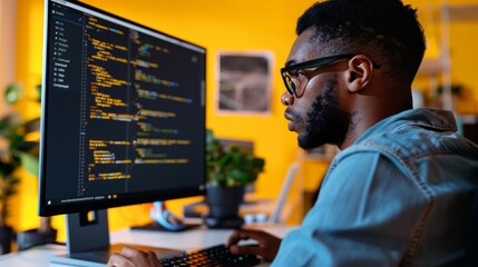 a developer man working on lines of code on a computer screen with a focused expression, confident m