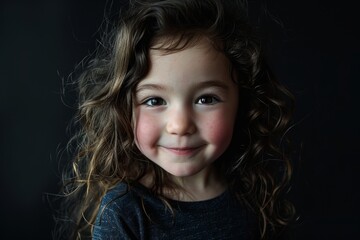 Portrait of a beautiful little girl with long curly hair on a dark background