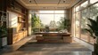 Modern office interior with wooden desk, floor-to-ceiling windows, and nature view.