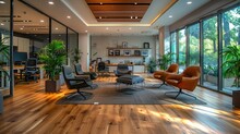 Modern Office Interior With Large Windows, Wooden Floors, And Designer Furniture.