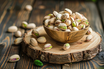 Wall Mural - Wooden bowl with pistachios on a tree trunk cut on a wooden table
