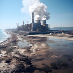 Nuclear sewage emissions from a nuclear reactor on the beach, environmental pollution, environmental pollution concept