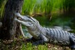 Magnificent alligator reclines near tree, exuding power and tranquility