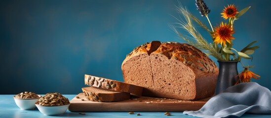 Poster - A rustic loaf of bread sits on a wooden cutting board next to a delicate flower, creating a simple and charming scene