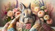 A close-up of a rabbit with wise eyes, cloaked in a patchwork quilt, set against a backdrop of soft, pastel flowers.