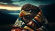 A close-up of a majestic eagle with a piercing gaze, wrapped in a Native American-style patterned blanket.