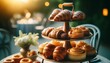 A close-up view of a variety of freshly baked pastries displayed elegantly on a tiered stand.