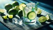 A refreshing summer scene with a glass of lime-infused water, complete with ice cubes and a straw, on a blue woven mat.