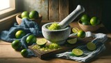 Fototapeta  - A lime-themed kitchen scene with a mortar and pestle grinding lime zest, accompanied by a blue kitchen towel.