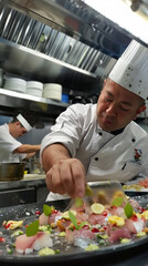 Wall Mural - middle aged asian chef sprinkling spices on top of fresh tuna dish in the kitchen.