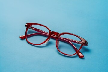 Wall Mural - Pair of red plastic rimmed eyeglasses on blue background, stylish