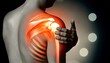 A close-up of a shoulder with an overlay of glowing muscles and tendons to demonstrate a rotator cuff injury.