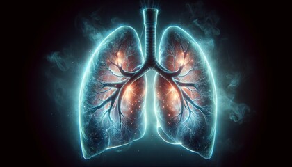 a pair of human lungs glowing from within, highlighting the bronchial tree and the alveoli, with a m