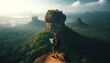 A medium shot of a traveler standing at the peak of a large, majestic rock formation, similar to Sigiriya in Sri Lanka.
