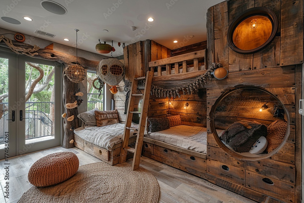 Adventure-themed kids bedroom with a loft bed and imaginative play ...