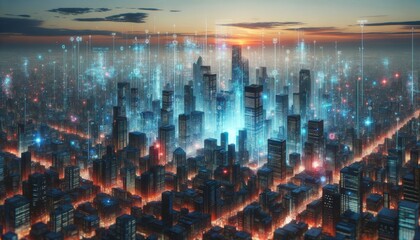A digital landscape of a city where the buildings are made of glowing code and data streams.