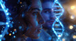 A holographic representation of DNA strands glowing in the background, with focus on an AI character's face looking at them.