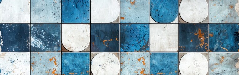 Wall Mural - Vintage Blue Mosaic Tiles Seamless Texture on Old Concrete Wall with Circular Print