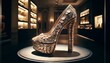 A high-heeled shoe with the heel crafted from stacked coins and the body made from woven bills, implying luxury and wealth.