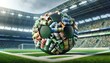 A soccer ball constructed from tightly rolled currency notes from around the world, representing international finance in sports.