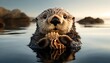 A close-up of a sea otter floating on its back in calm waters, clutching a shellfish in its hands.