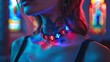 Neon lit colorful butterfly and floral tattoo on woman's neck
