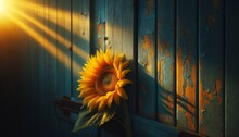 A Close-up View Of A Single Bright Yellow Sunflower Leaning Casually Against A Weathered Blue-painted Wooden Barn Door.
