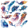 A collection of deep-sea creatures including bioluminescent fish and squid