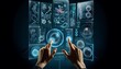 A collection of transparent touchscreens with hands interacting with them, showcasing various biotech and nanotech images.