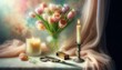 A composition featuring a vase of pastel-colored tulips, a partially burned candle, and an antique letter opener on a draped chiffon cloth.