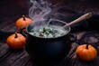 Rustic cauldron boils soup for Halloween feast, eerie ambiance