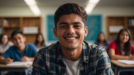 Happy latino hispanic male college student sitting classroom smiling, student study in class. Diversity unity concept