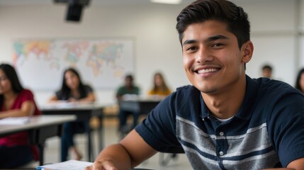 Happy latino hispanic male college student sitting classroom smiling, student study in class. Diversity unity concept