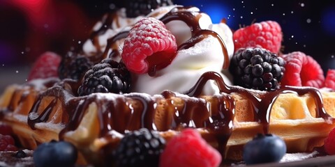 Wall Mural - A dessert with a chocolate sauce and whipped cream on top