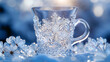 Snowflake Cup, Winter Frost, Capturing the icy patterns of winter on the cups, 3D Render, Silhouette Lighting, Chromatic Aberration