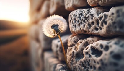 An ancient stone wall with a single dandelion growing out from a crack, its white seeds ready to disperse in the wind.