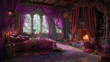 A dark fantasy medieval bedroom with purple and pink hues, a large bed, a fireplace, candles, red drapes. Created with Ai