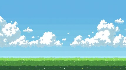 Wall Mural - The pixel art game background depicts a blue sky with clouds, a green field below, and space in the middle of the screen for characters and text.
