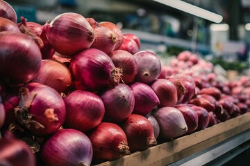 Wall Mural - Stack of red onions on market stall, fresh produce photo