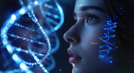 Wall Mural - A holographic representation of DNA strands glowing in the background, with focus on an AI character's face looking at them.