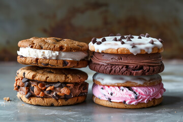 a row of cookies and ice cream sandwiches with pink frosting