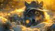 The hat-wearing wolf lay in a pile of snow and golden mist floated around the wolf.