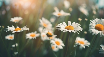 Wall Mural -  Beautiful nature scene with blooming daisies. Field of daisies with shallow depth of field and bokeh