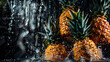 © AnniePatt - A bunch of ripe pineapples, with water droplets, falling into a deep black water tank