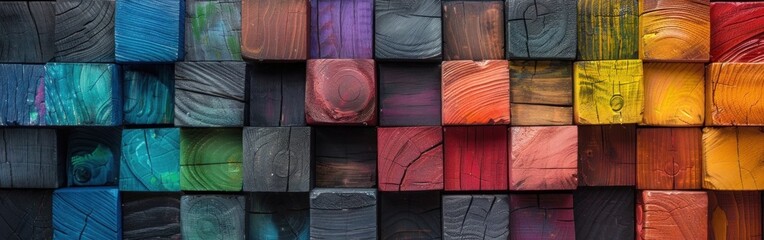 Wall Mural - Rainbow Wooden Squares: Colorful Geometric Cube Wall Texture for Panoramic Banner or Wallpaper Background