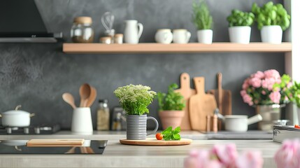 Wall Mural - gray light bright kitchen houseware and accessories in real lifestyle. generative AI